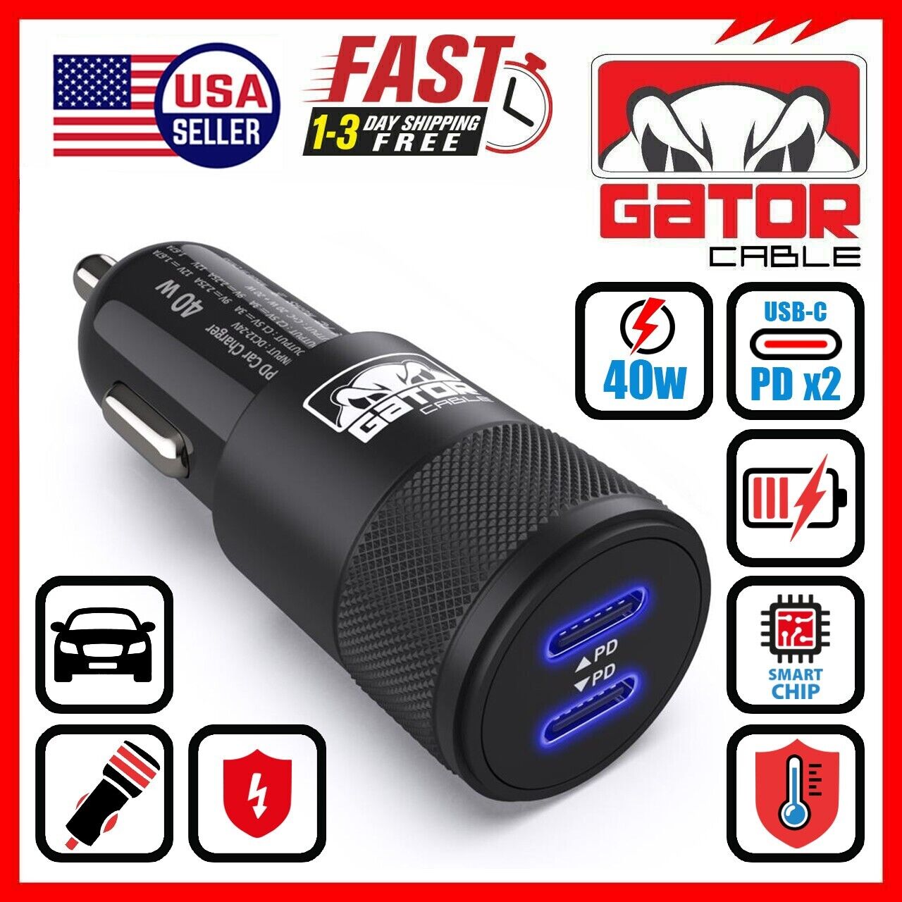 USB-C PD Car Charger 40W 3.1A Fast Charge Dual 2 Port Adapter for Samsung iPhone