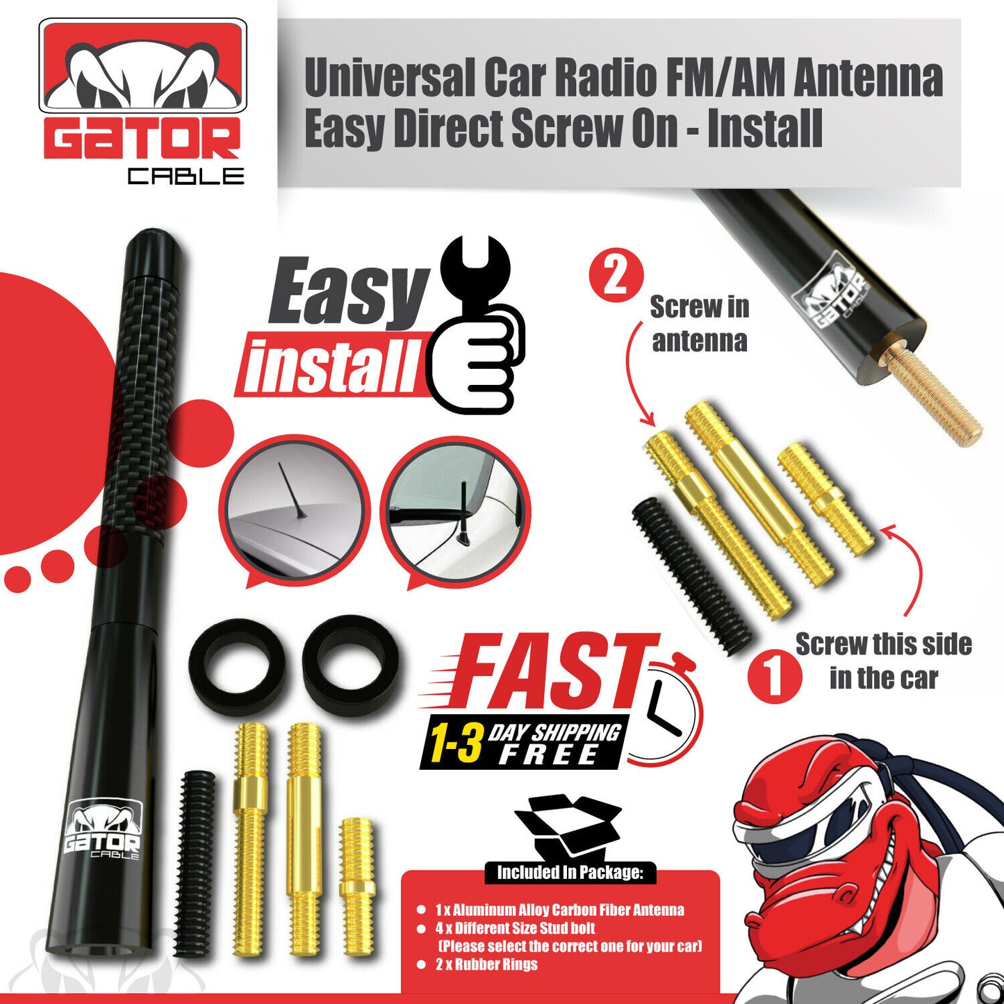 Universal Car AM/FM Radio Antenna Screw On Alloy Carbon Fiber 4.7" Truck Van Car