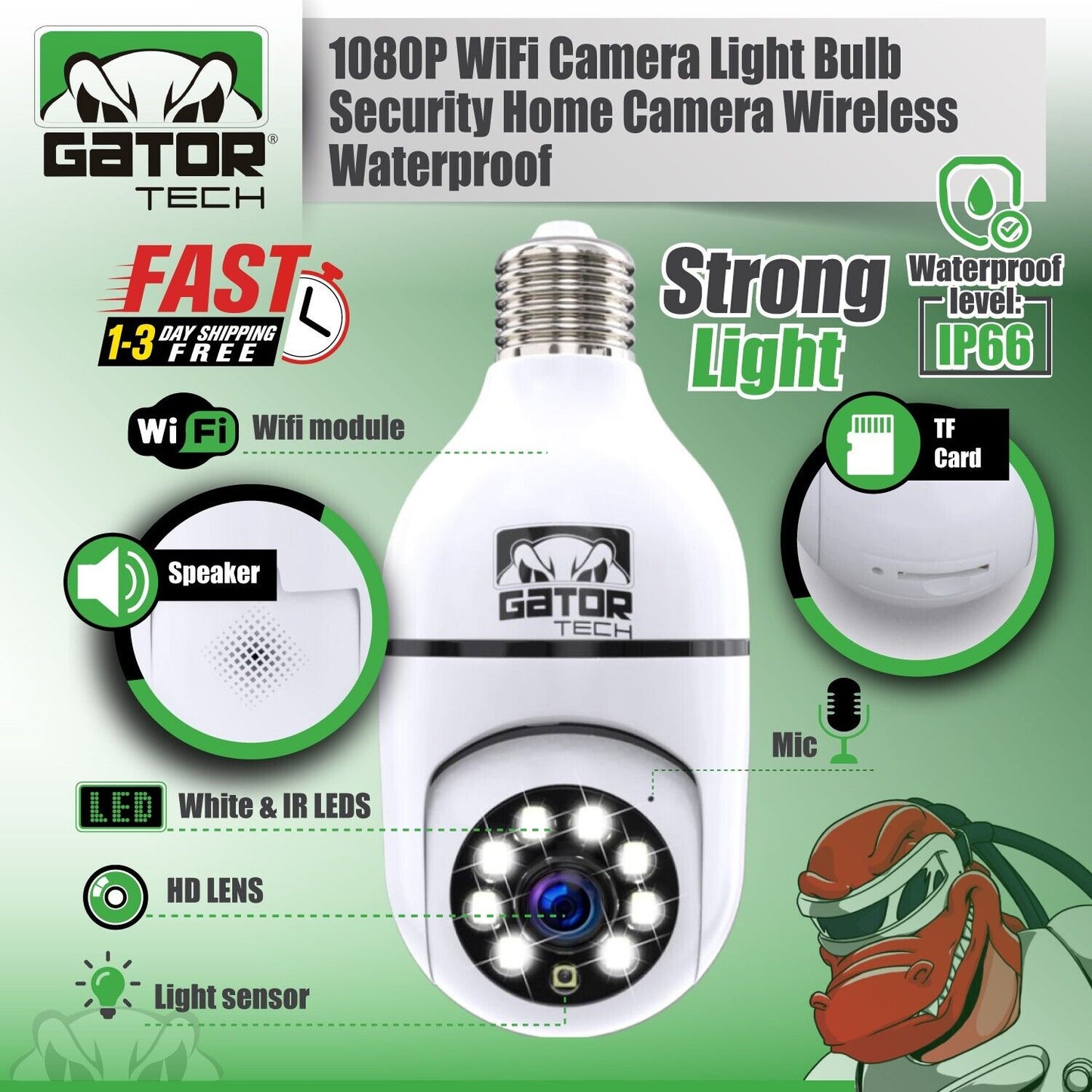 WiFi Wireless Security Camera HD 1080P IR Night Light Bulb Home Waterproof IP66
